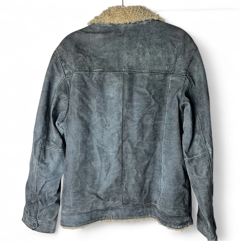 Guess Men’s Vintage Leather Sherpa Lined Trucker Jacket Distressed Gray Y2K Sz L
